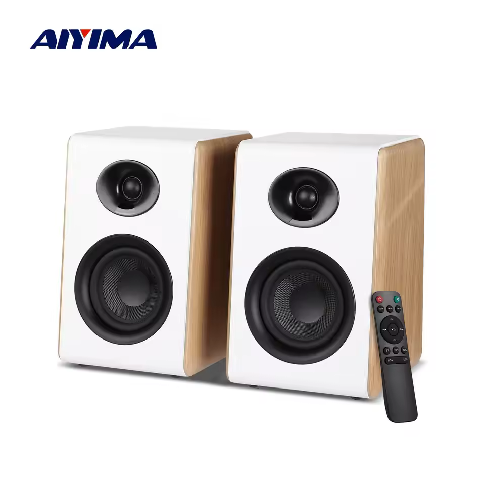 AIYIMA S600 Bluetooth Bookshelf Speaker 40WX2 HiFi White Wood ARC/USB/RCA